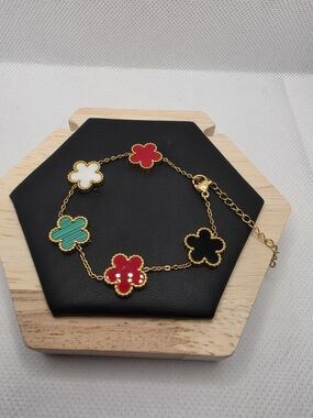 Gold Tone Multi-Color Flowers Bracelet - Red, Green, Black, White. New.